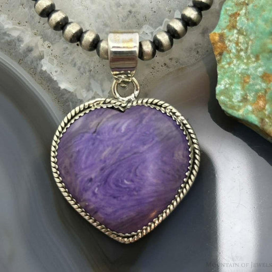 Sterling Silver Southwestern Style Charoite Heart Pendant For Women #3
