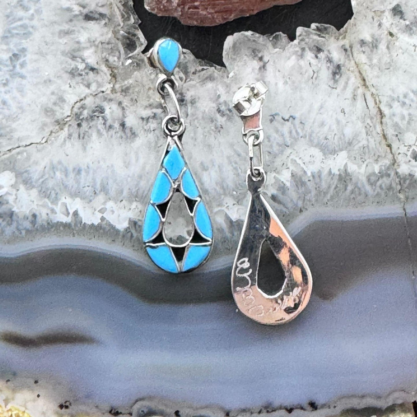 Emma Bowekaty Sterling Silver Turquoise Zuni Inlay Dangle Earrings For Women