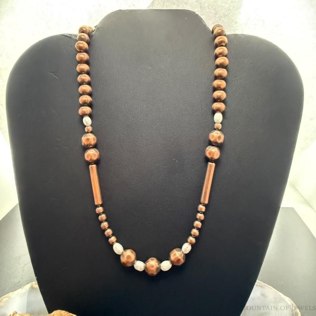 Southwestern Style 4.5-9mm Copper Navajo Pearl & Cylinder w/Freshwater Pearl 20" Necklace For Women