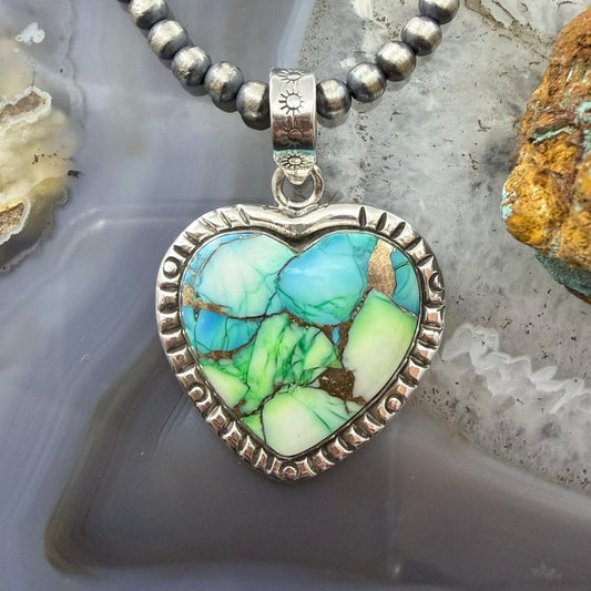 Sterling Silver Southwestern Style Mohave Green Turquoise Heart Pendant For Women