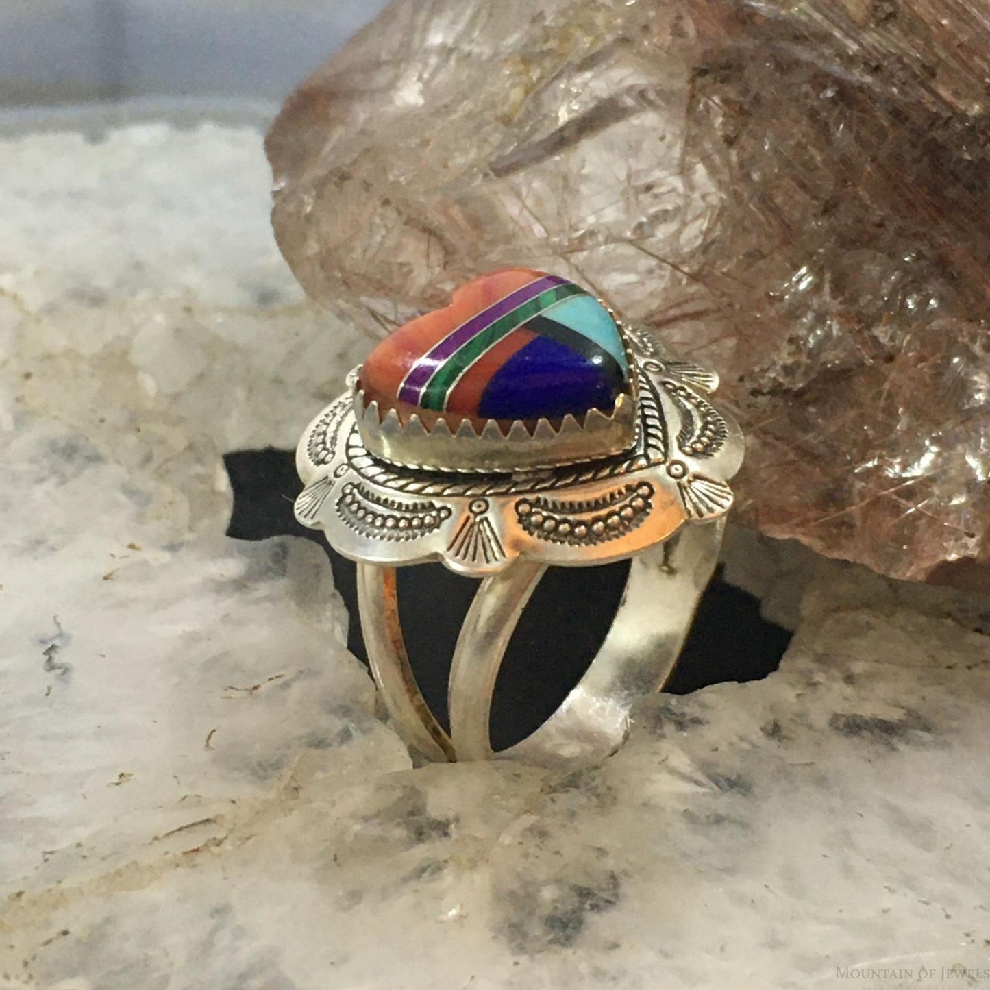 Carolyn Pollack Southwestern Style Sterling Silver Multi-gemstone Zuni Style Inlay Heart Ring For Women