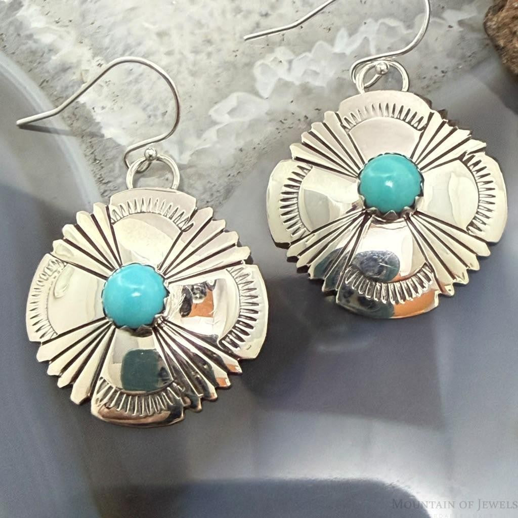 Michael Nez Navajo Sterling Silver Round Turquoise Stamped Dangle Earrings For Women