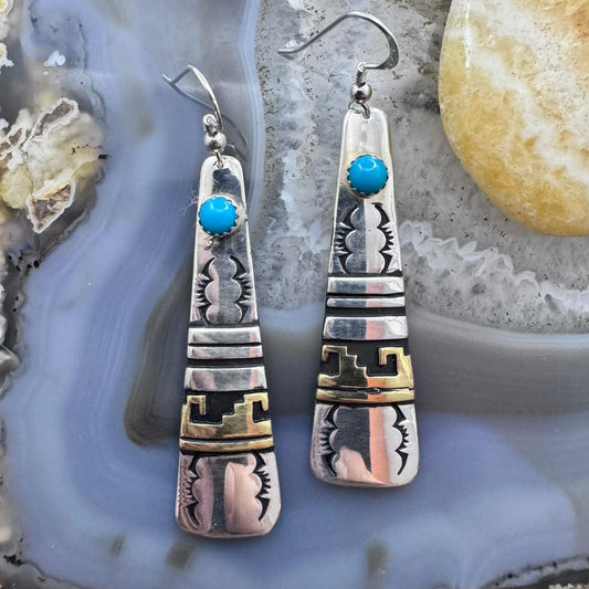 Tommy & Rosita Singer Sterling Silver & Gold Filled Turquoise Trapeze Dangle Earrings For Women