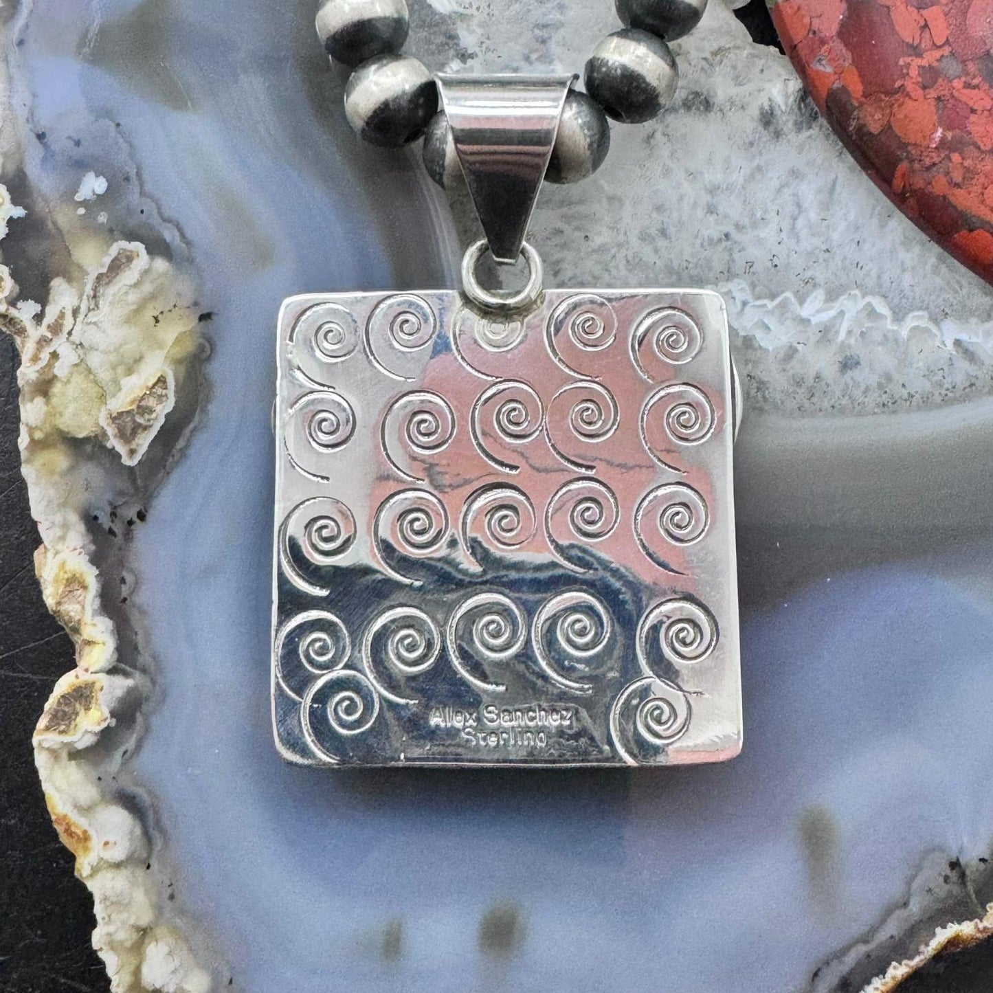 Alex Sanchez Native American Sterling Silver Coral Square Petroglyph Unisex Pendant