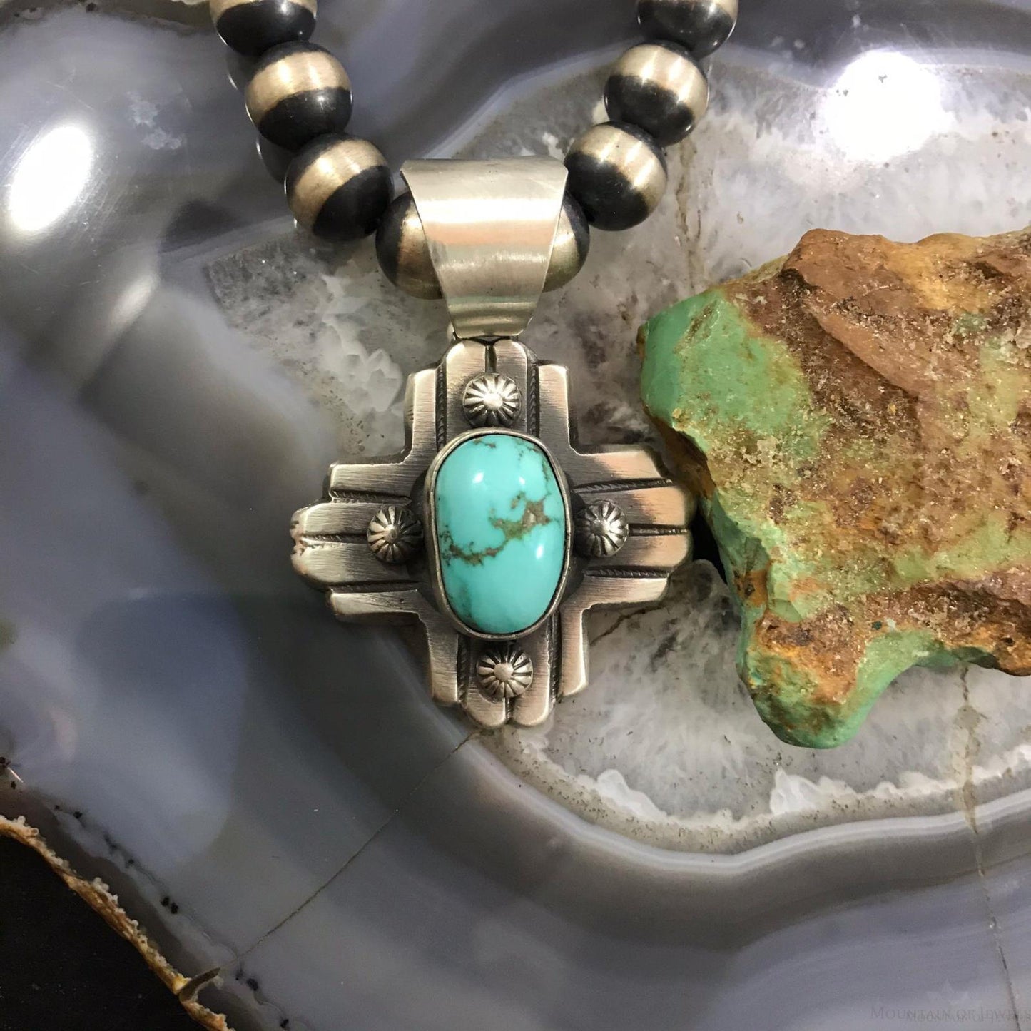 Chimney Butte Native American Sterling Silver Oval Turquoise Zia Symbol Pendant