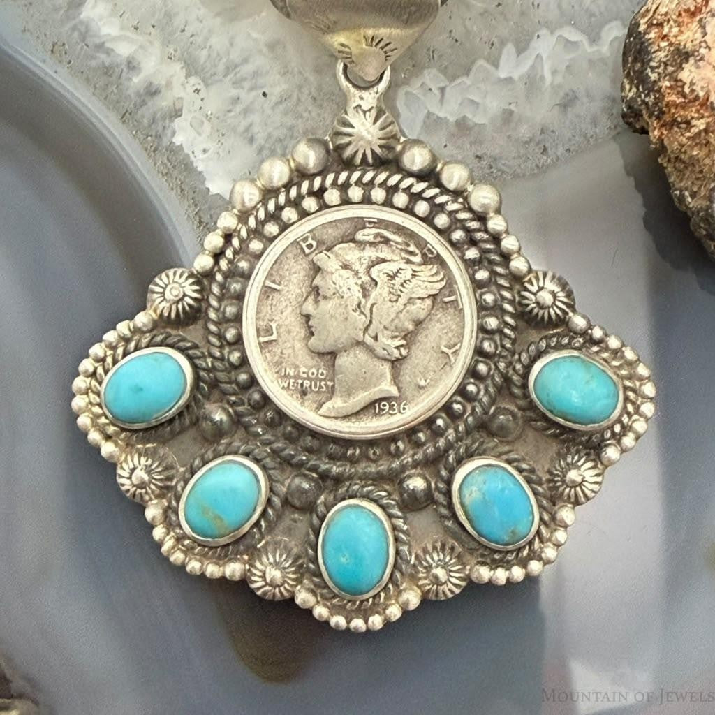 Sterling Silver Southwestern Style 1936 Mercury Dime &Kingman Turquoise Pendant