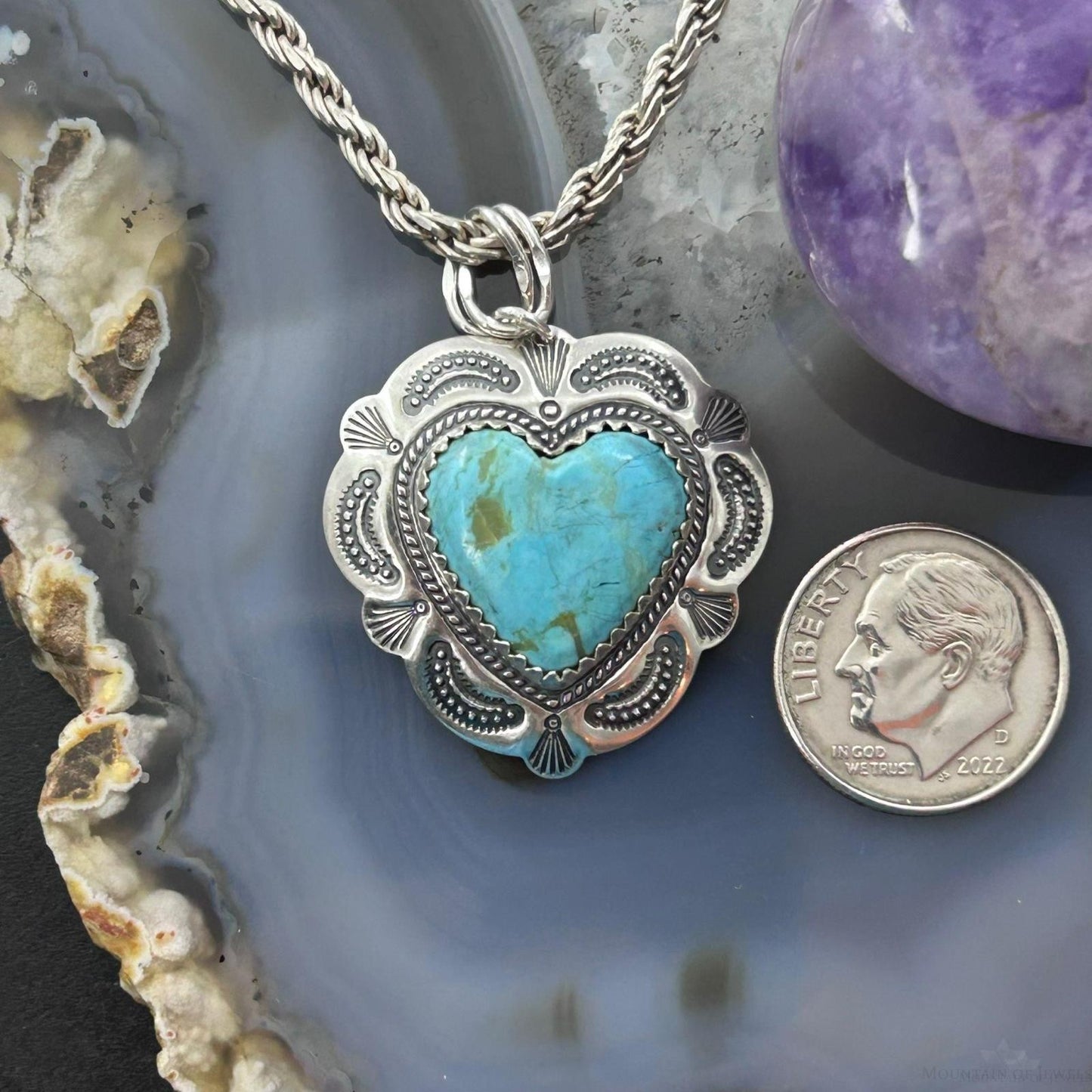 QT Quoc Sterling Silver Southwestern Style Turquoise Heart Pendant For Women