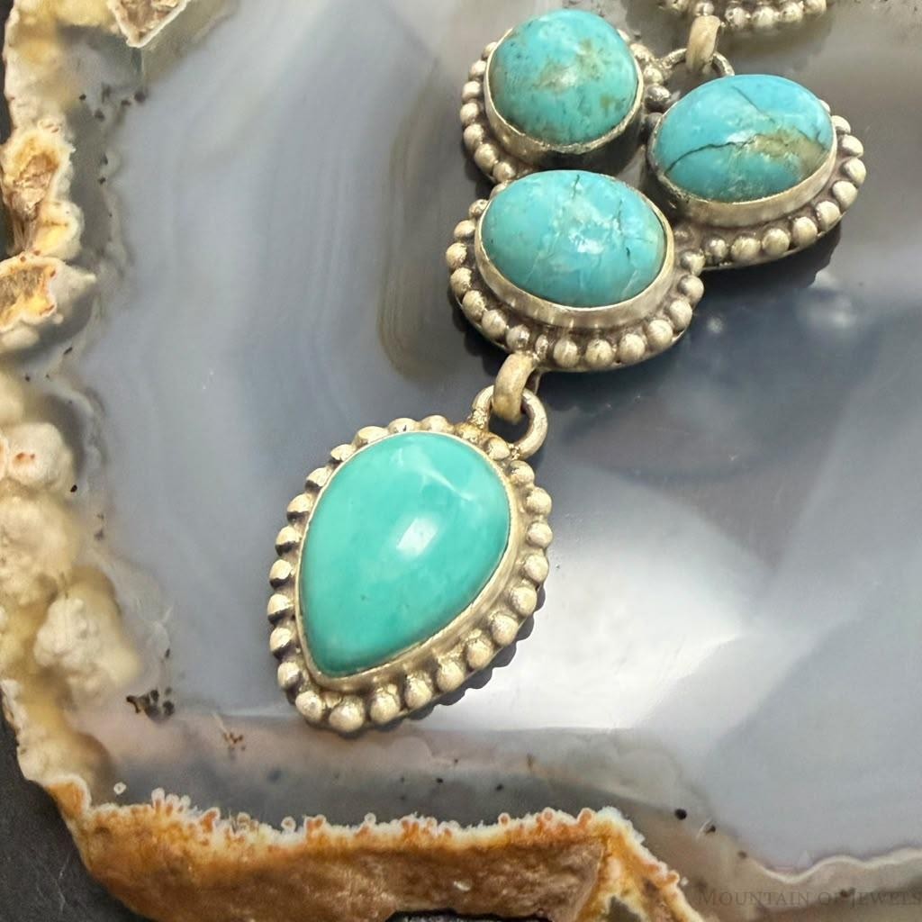 Sterling Silver Southwestern Style KingmanTurquoise Lariat Cluster 23" Necklace For Women