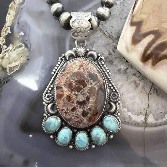 Sterling Silver Southwestern Style Oval Red Creek & Mohave Turquoise Pendant For Women