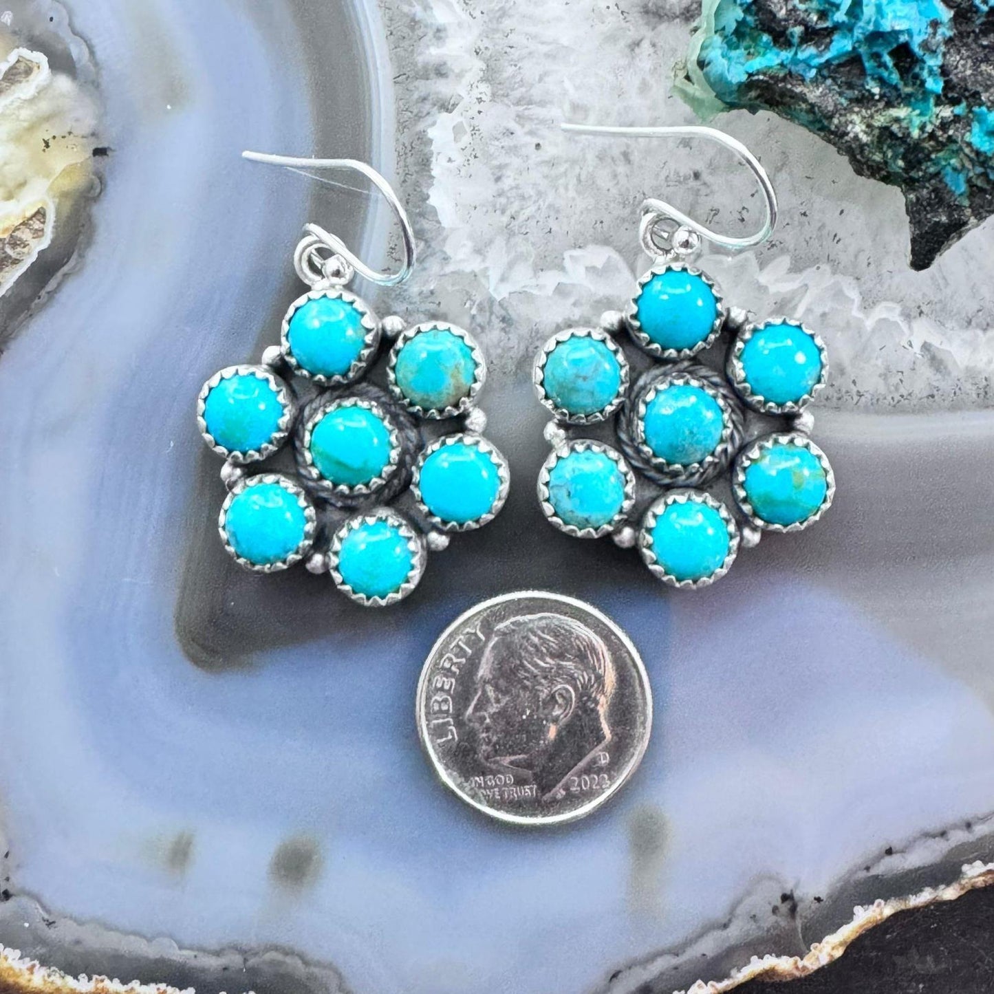 Native American Sterling Kingman Turquoise Cluster Dangle Earrings For Women