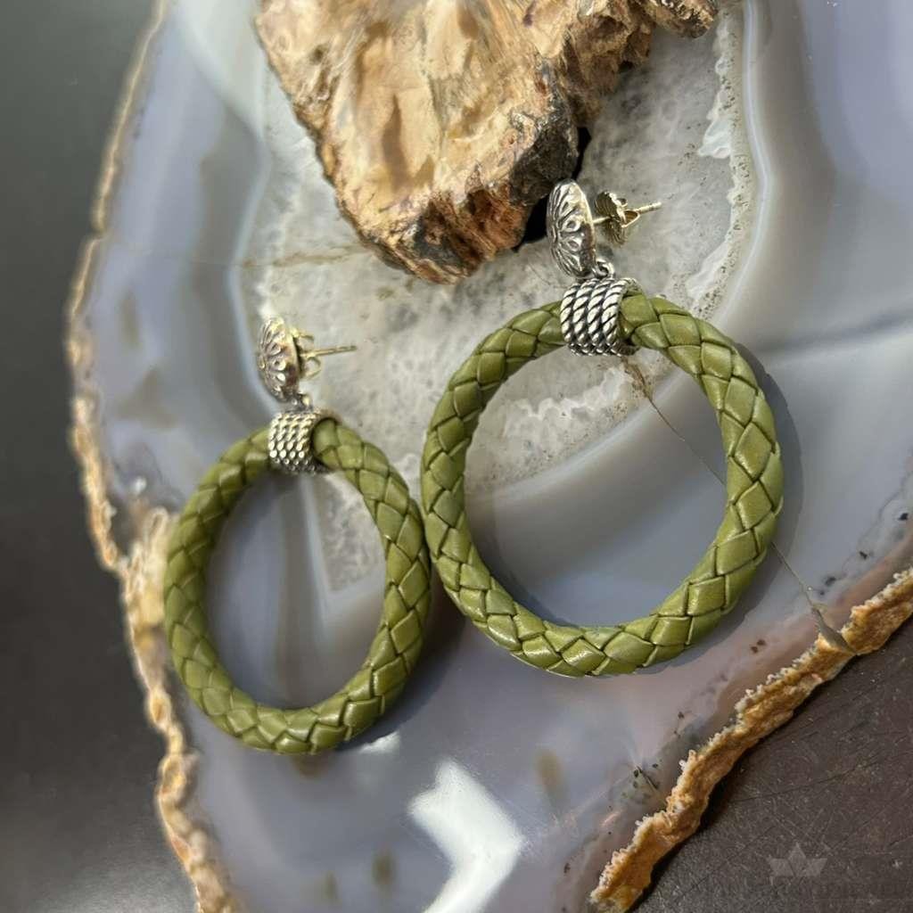 Carolyn Pollack Sterling Silver Olive Green Braided Leather Hoop Earrings For Women