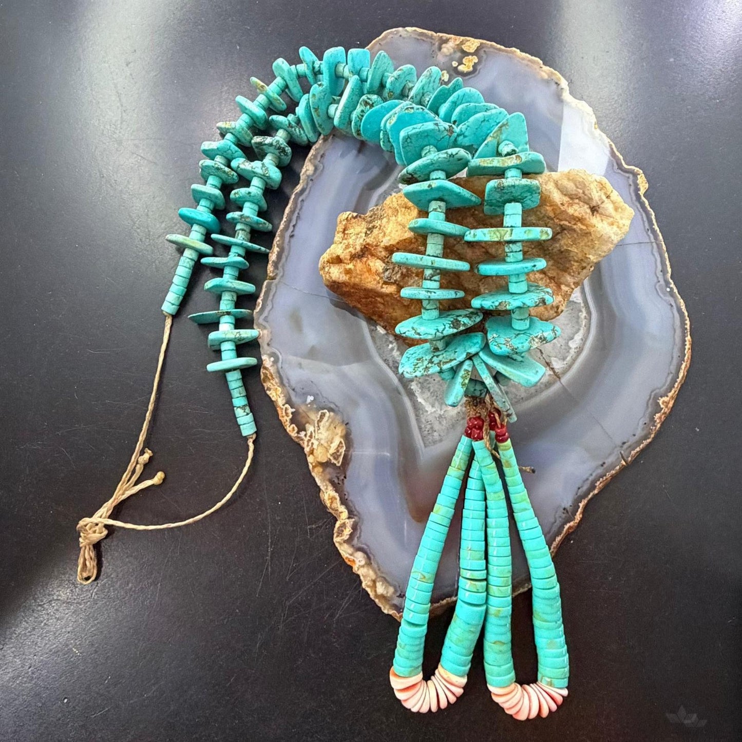 Vintage Native American Disk Beads Turquoise & Spiny Oyster Jacla Necklace For Women