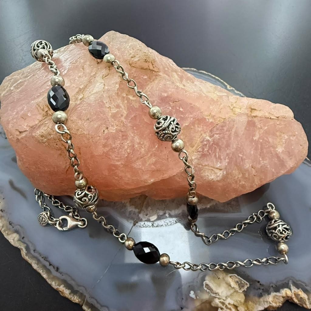 Carolyn Pollack Sterling Silver Faceted Onyx W/Swirl Beaded 26" Necklace