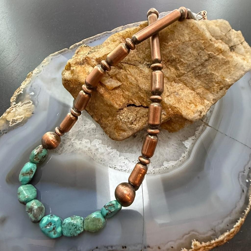 Southwestern Style 4.5-6mm Copper Navajo Pearl,Cylinder&Turquoise Beads Necklace