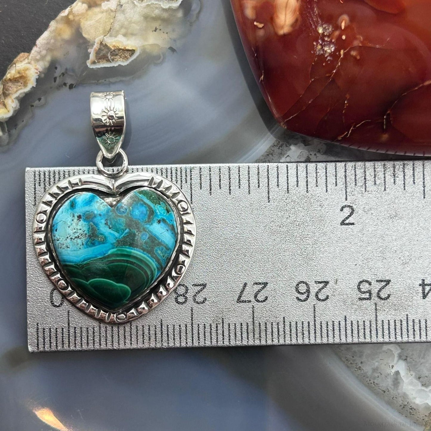 Sterling Silver Southwestern Style Azurite Malachite Decorated Heart Pendant For Women