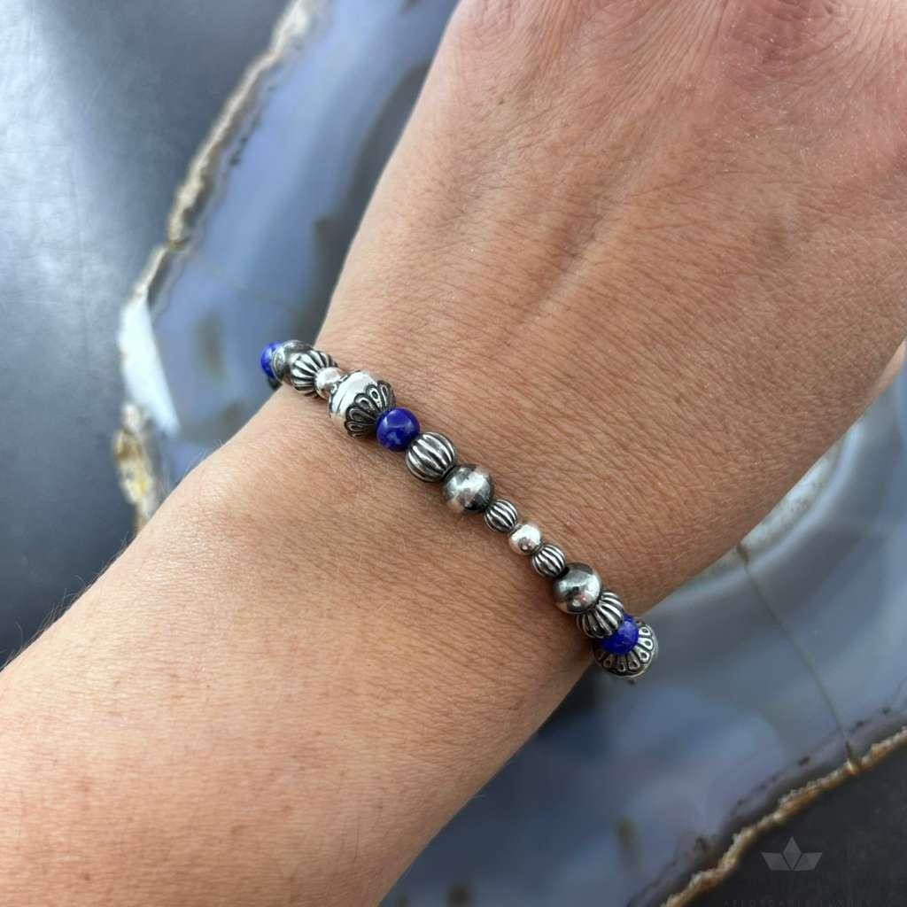 Carolyn Pollack Sterling Silver Navajo Pearl Style Bead & Lapis Bead Stretch Bracelet For Women
