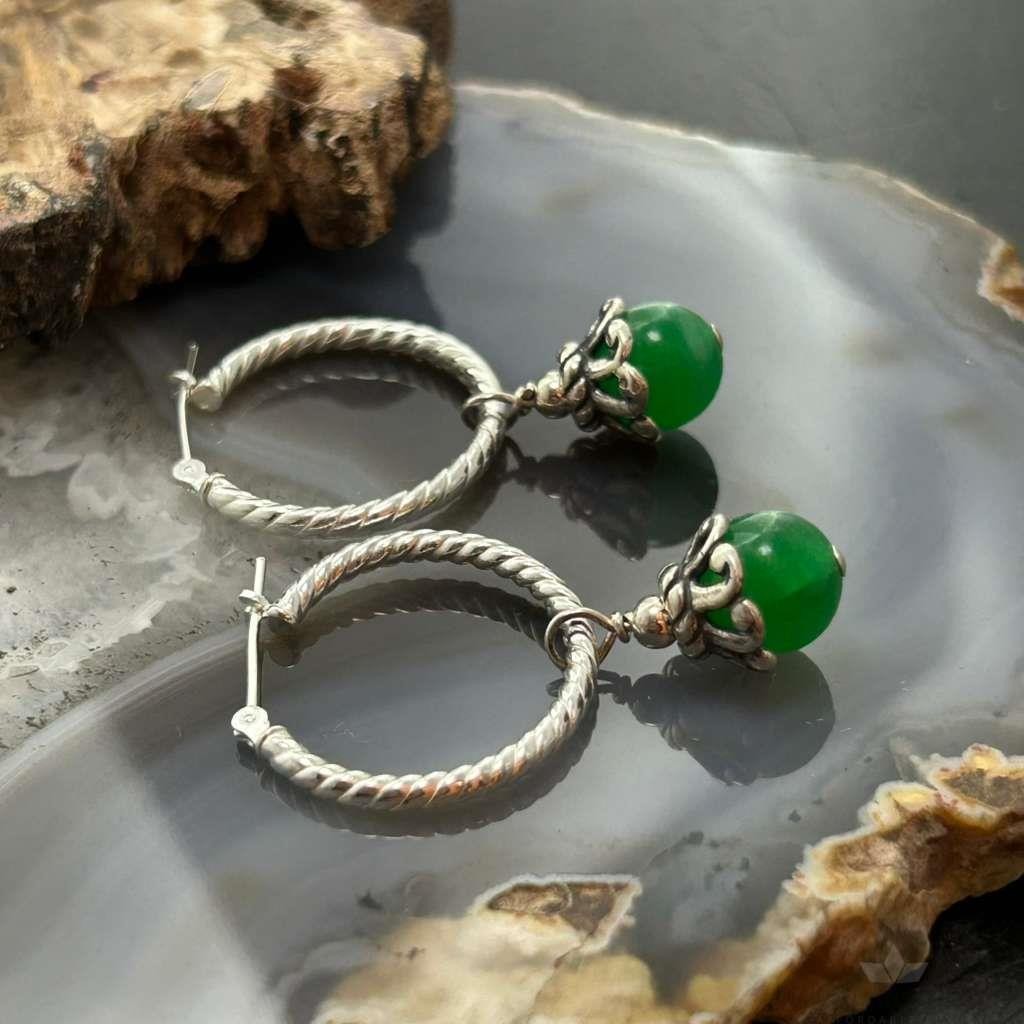 Carolyn Pollack Sterling Silver Twisted Hoop w/Green Jadeite Dangle Earrings For Women