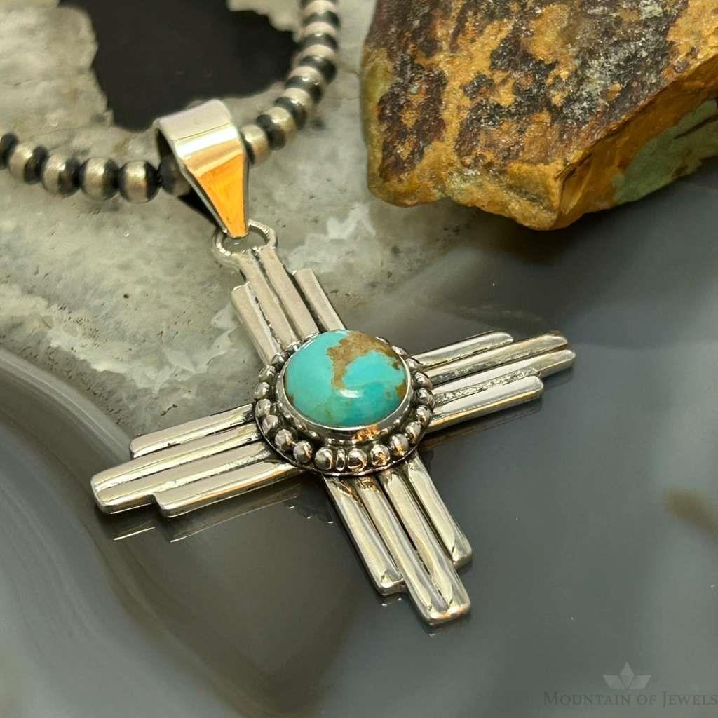 Sterling Silver Southwestern Style Round Mohave Turquoise Unisex Zia Pendant #2
