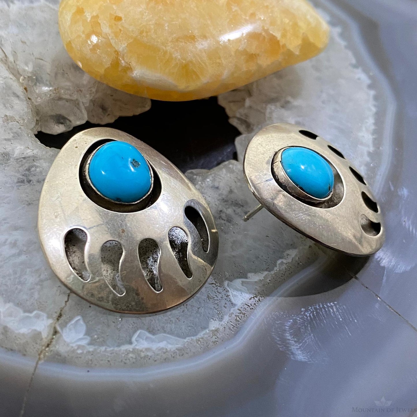 Vintage Native American Sterling Turquoise Shadow Box Bear Claw Stud Earrings