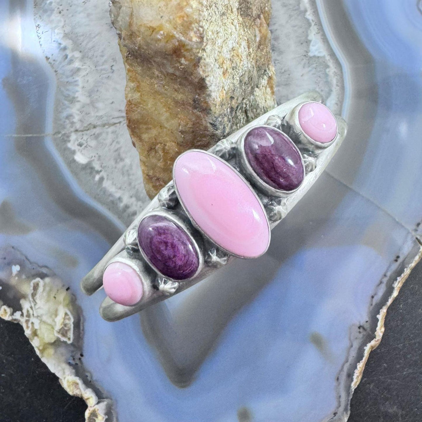 Native American Sterling Silver Pink Conch & Purple Spiny Oyster Bracelet For Women