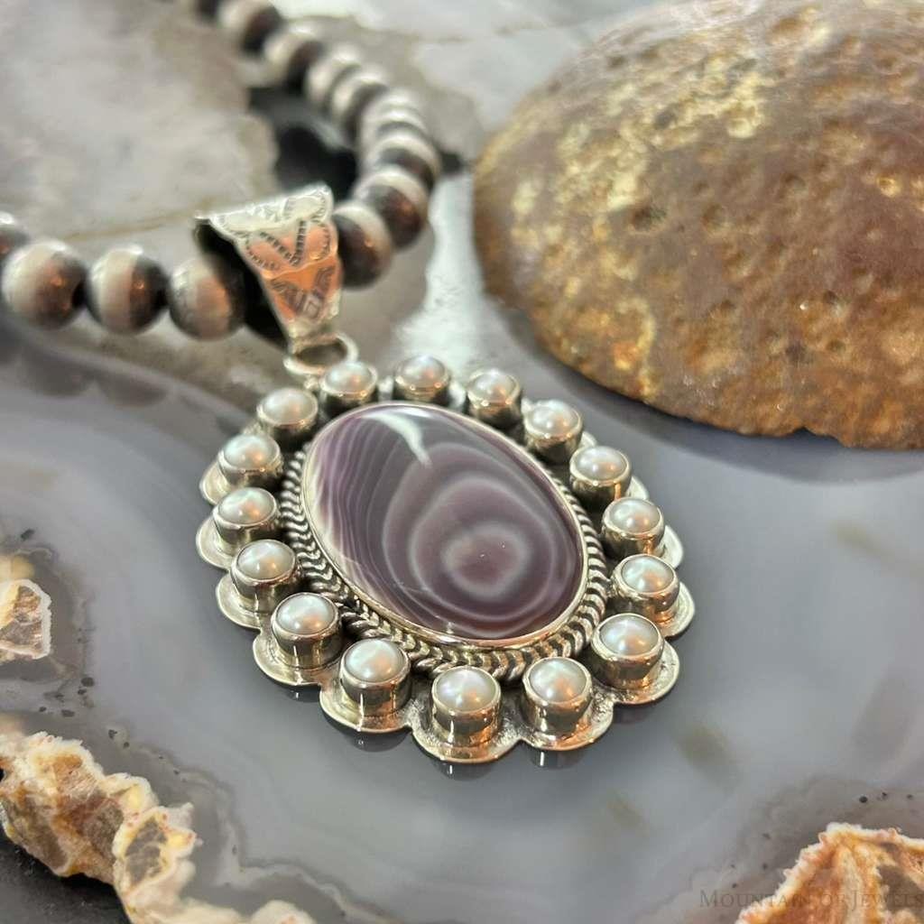 Native American Sterling Silver Oval Phosphosiderite W/Pearls Cluster Pendant For Women