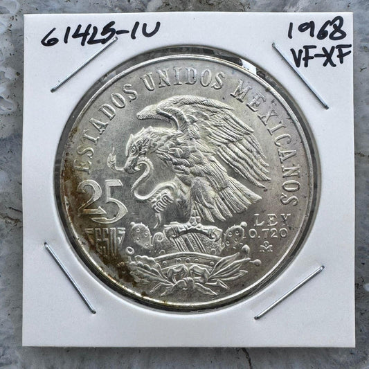 1968 Mexico 72% Silver Olympic Games 25 Pesos VF-XF #61425-1U