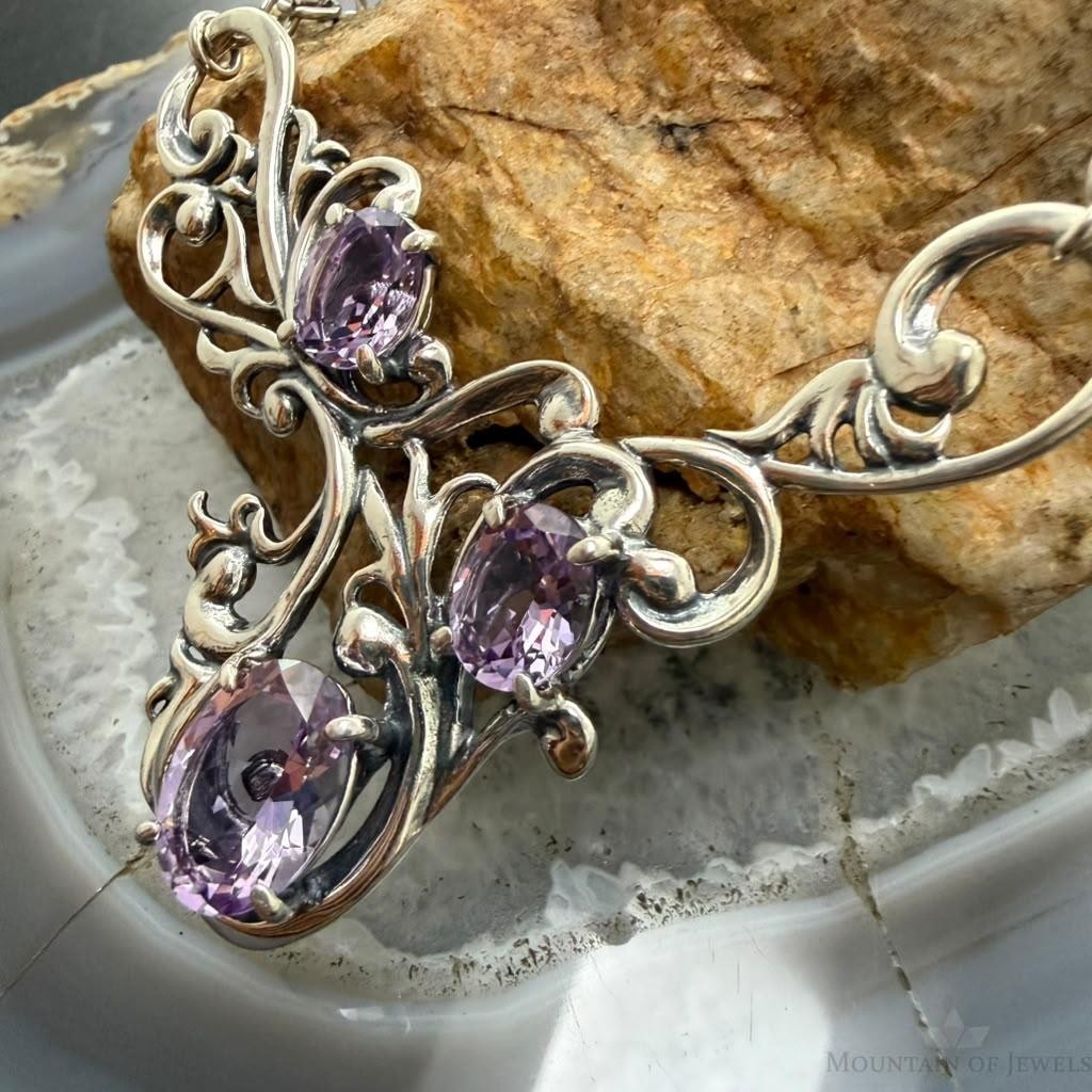 Carolyn Pollack Sterling Silver & Brass Faceted Amethyst 17.5" Swirl Decorated Necklace For Women