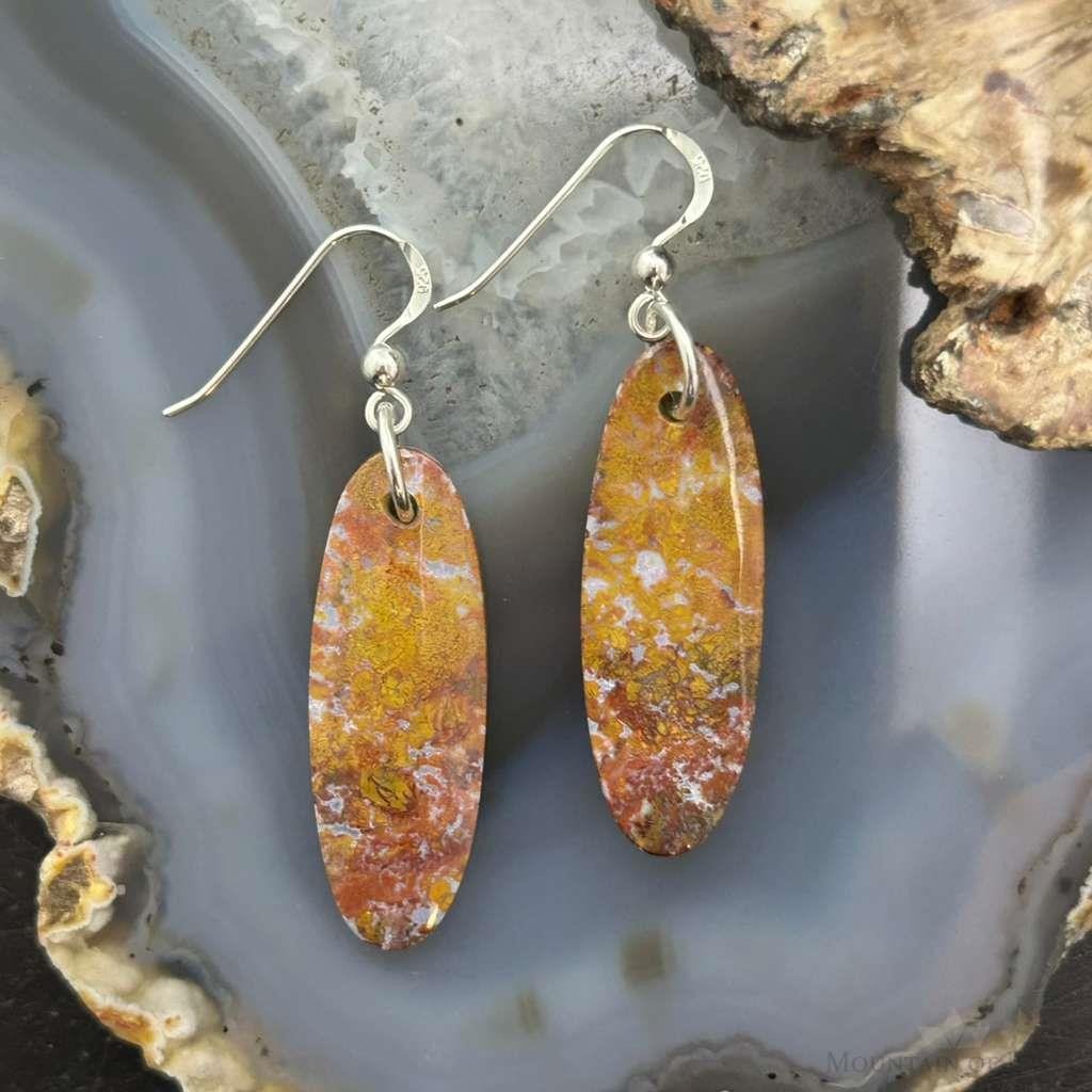 Sterling Silver Oval Plum Moss Agate Slab Dangle Earrings For Women #519