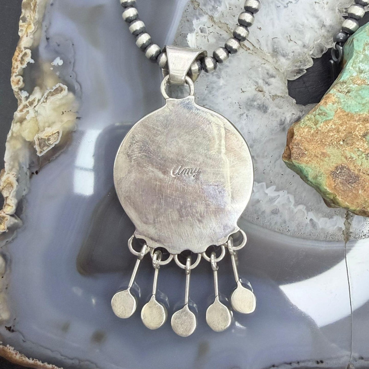 Amy Quandelacy Zuni Sterling Silver Sunface Opal,Turquoise,Coral Decorated Pendant