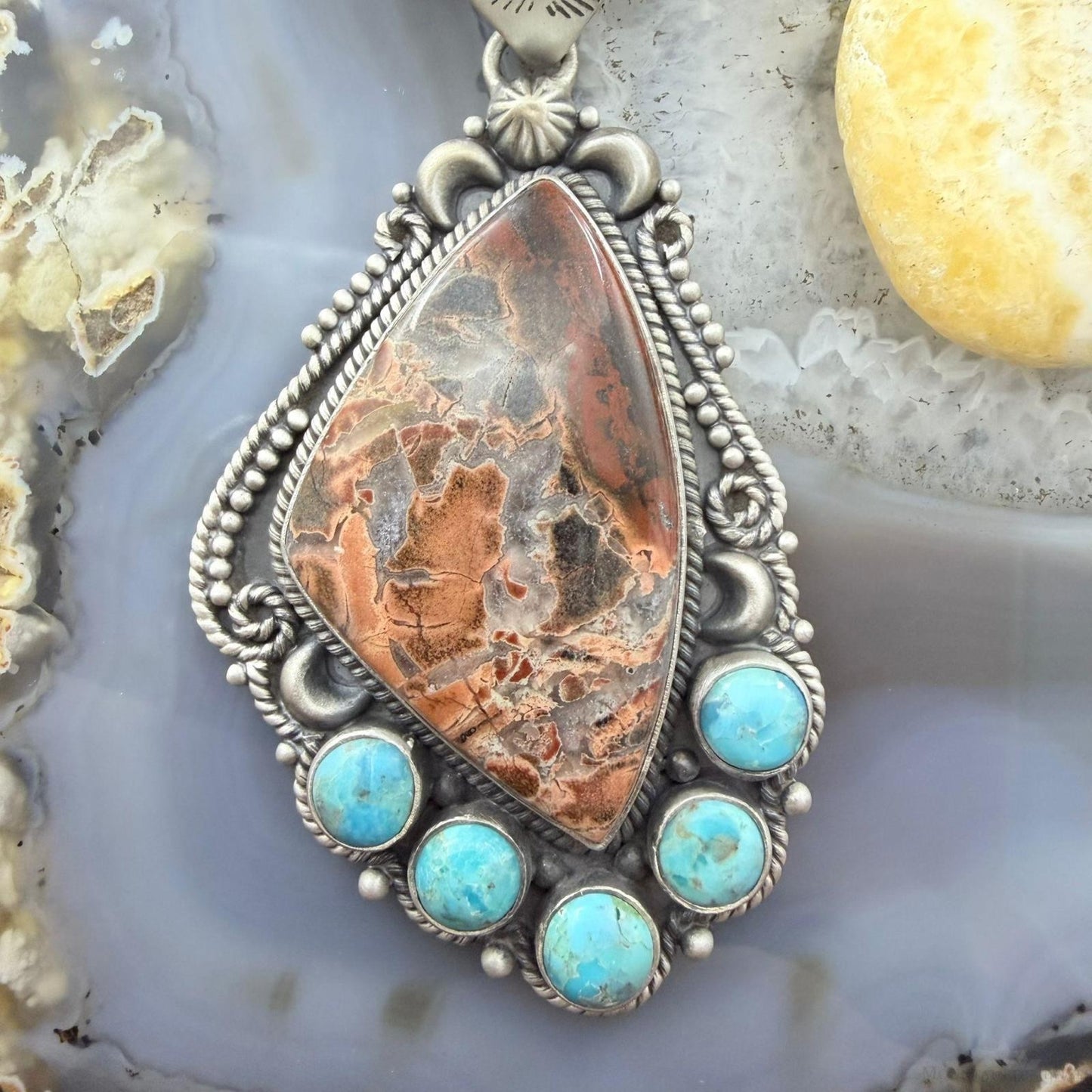 Sterling Silver Southwestern Style Dendritic Jasper & Turquoise Pendant For Women