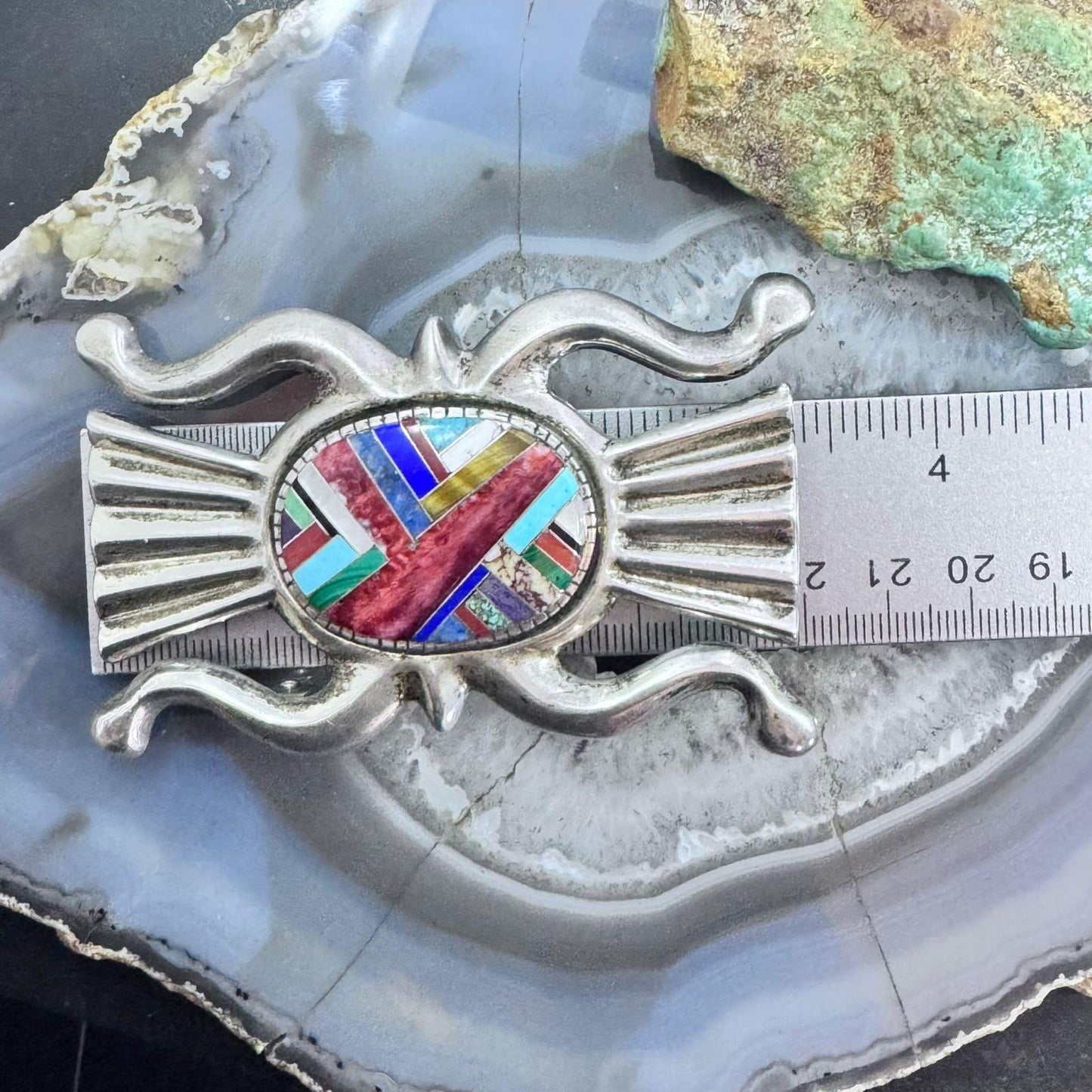 Vintage Ken Jones Native American Sterling Silver Sandcast Inlay Belt Buckle For Men