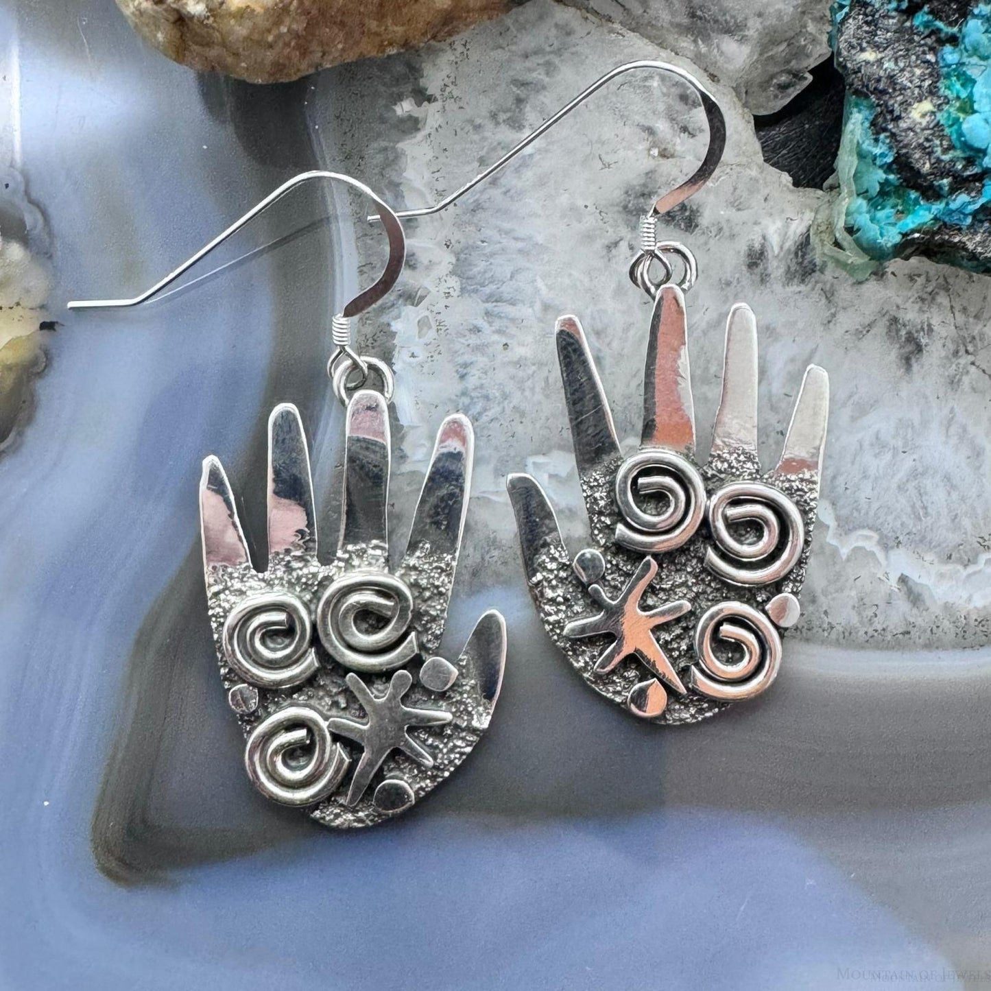 Alex Sanchez Sterling Silver Ancestors Hand Petroglyph Dangle Earrings For Women