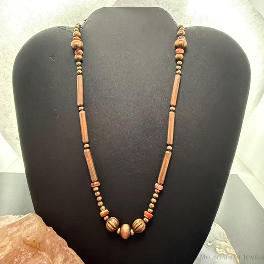 Copper Navajo Pearl Round & 25mm Cylinder & 6mm Spiny Oyster Beads 20" Necklace For Women
