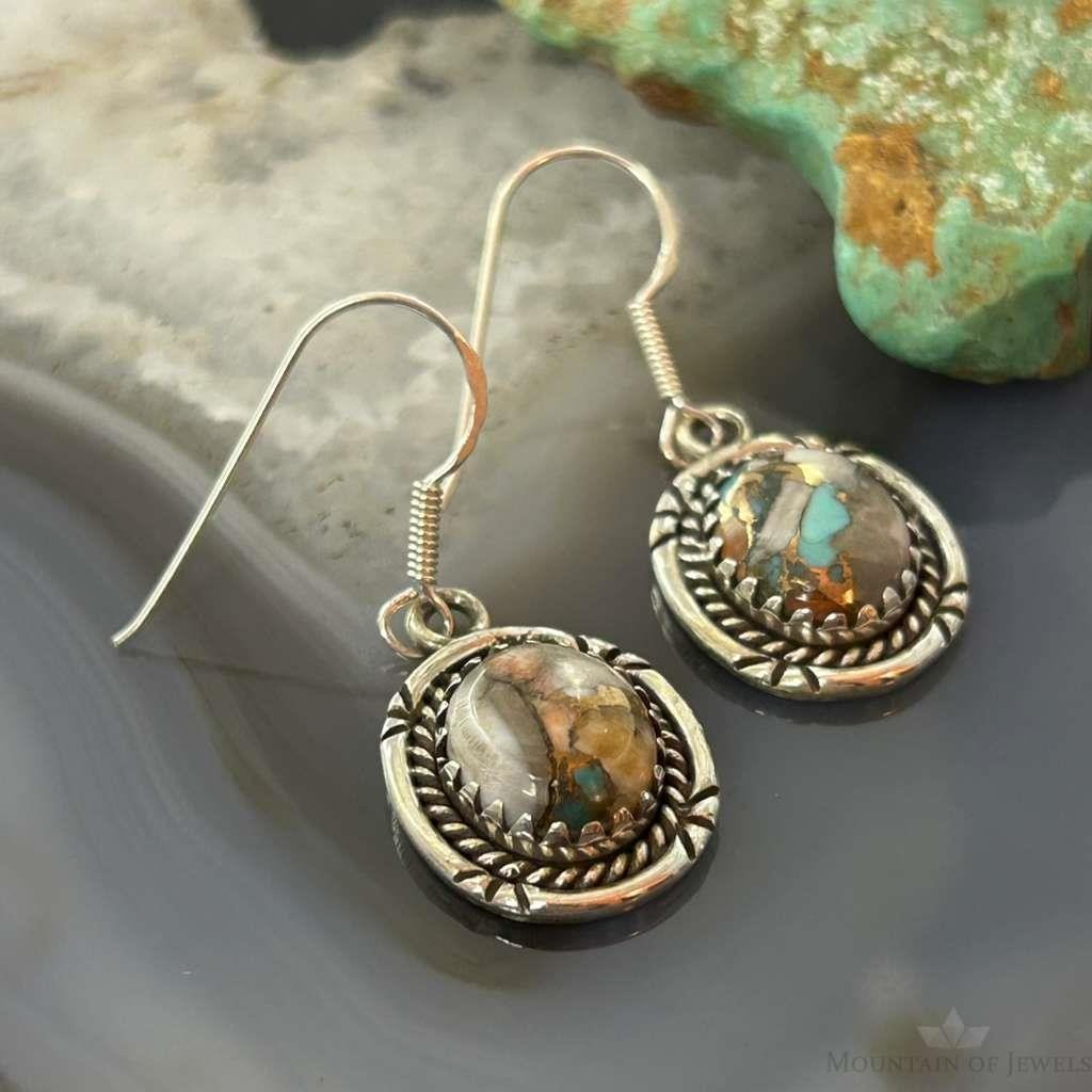 Sterling Silver Southwestern Style Spiny Oyster Turquoise Dangle Earrings For Women