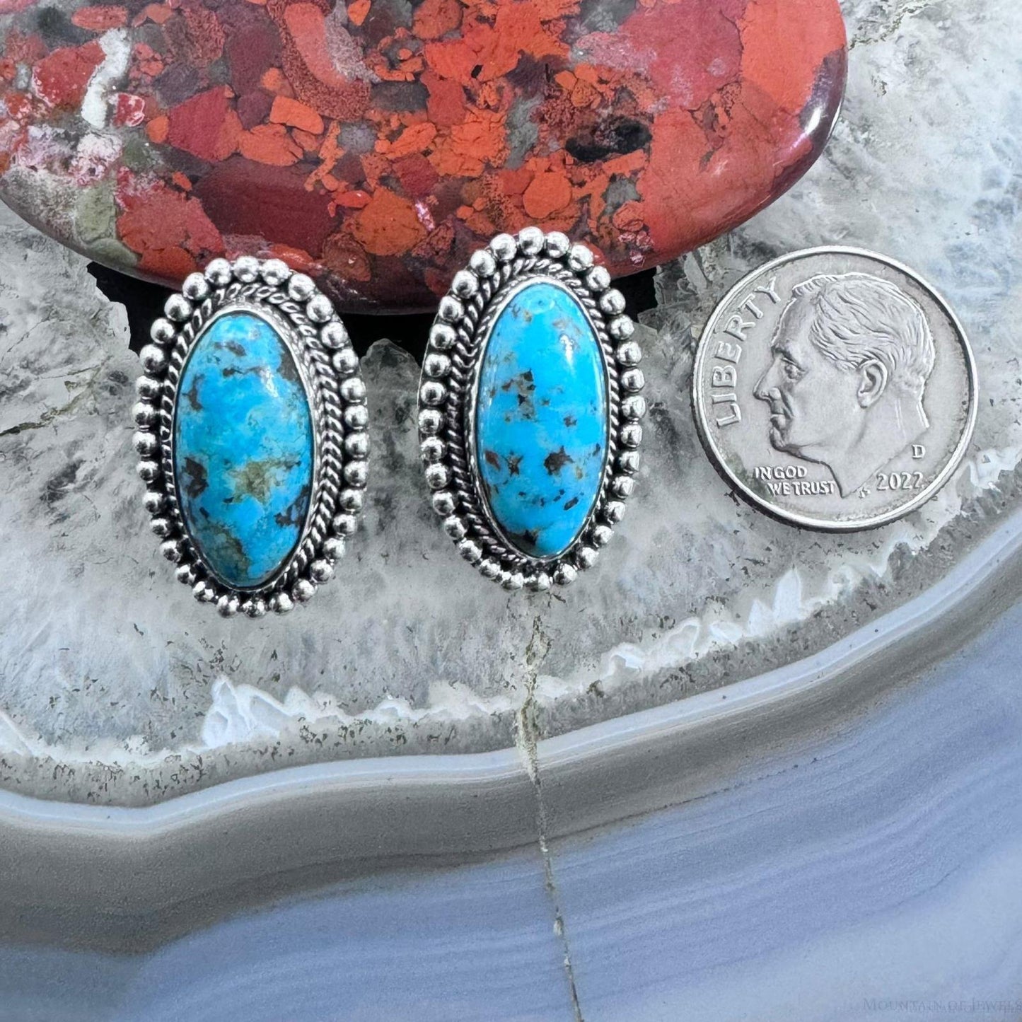 Native American Sterling Silver Oval Turquoise Decorated Post Earrings For Women