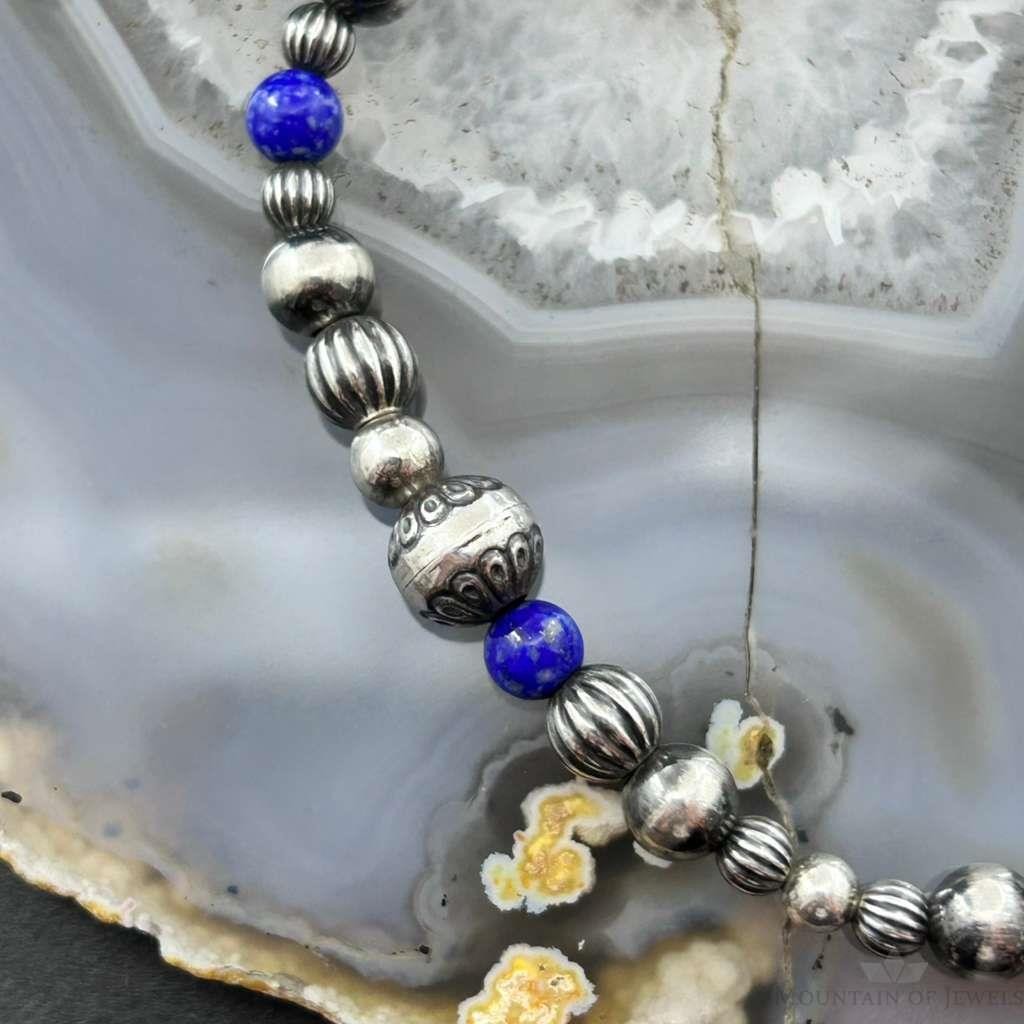 Carolyn Pollack Sterling Silver Navajo Pearl Style Bead & Lapis Bead Stretch Bracelet For Women