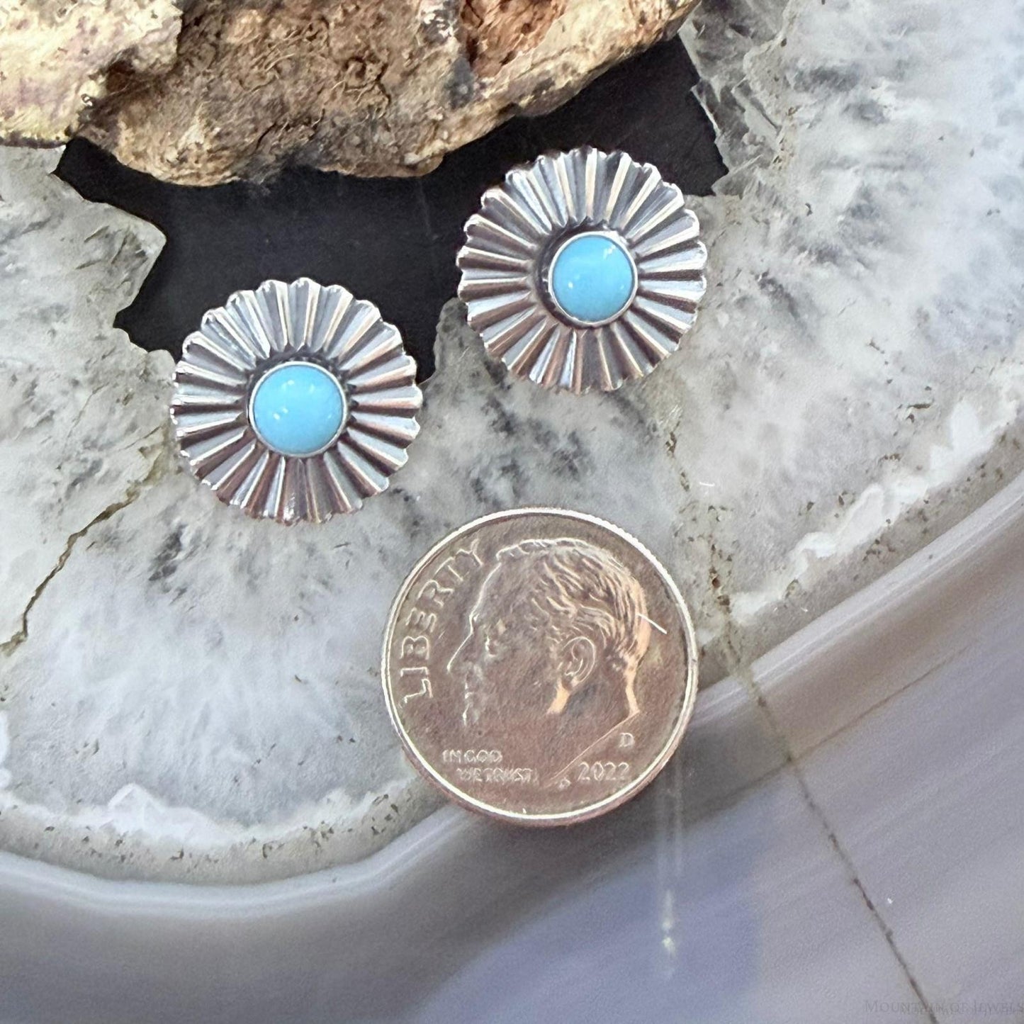 Native American Sterling Silver Sun Rays w/Turquoise Post Earrings For Women