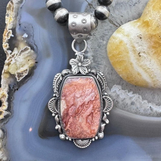Sterling Silver Southwestern Style Rectangular Red Plum Decorated Pendant For Women