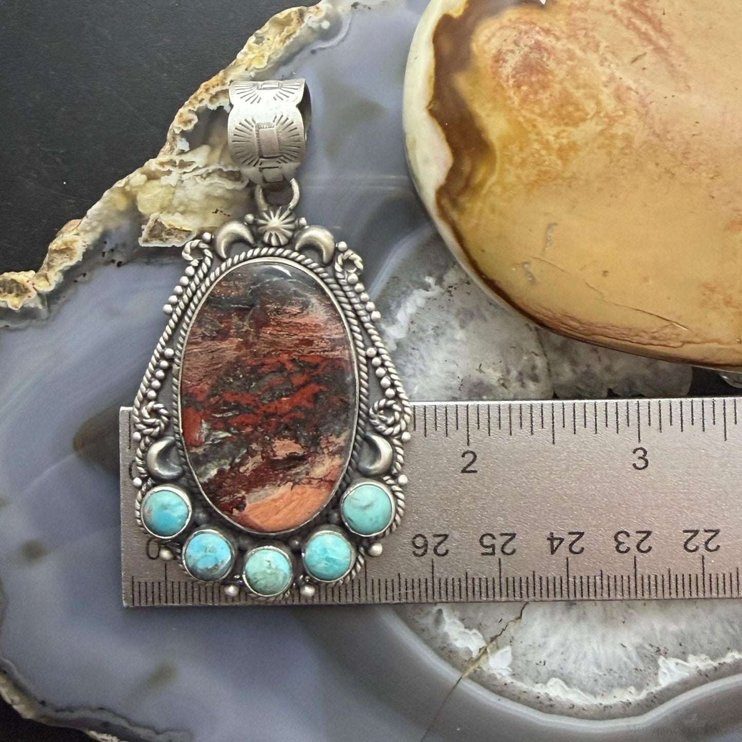 Sterling Silver Southwestern Style Oval Dendritic Jasper & Turquoise Pendant For Women