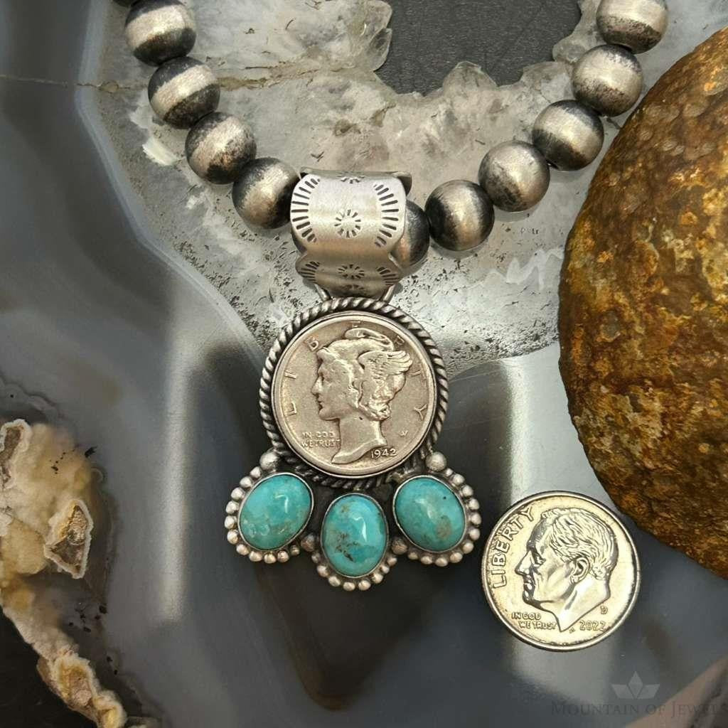 Genuine 1942 90% Silver Mercury Dime Coin Mohave Turquoise Unisex Pendant