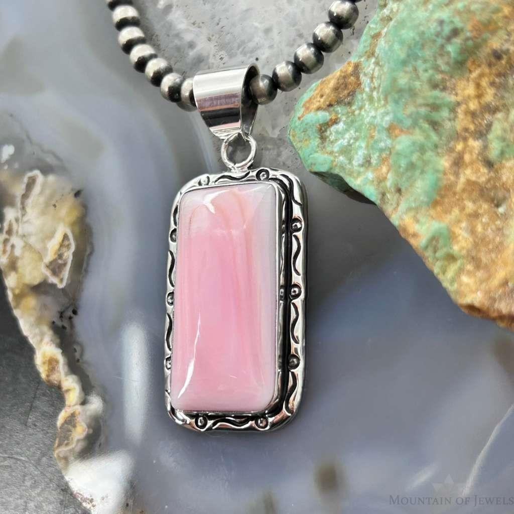 Native American Sterling Silver Rectangle Pink Conch Decorated Pendant For Women