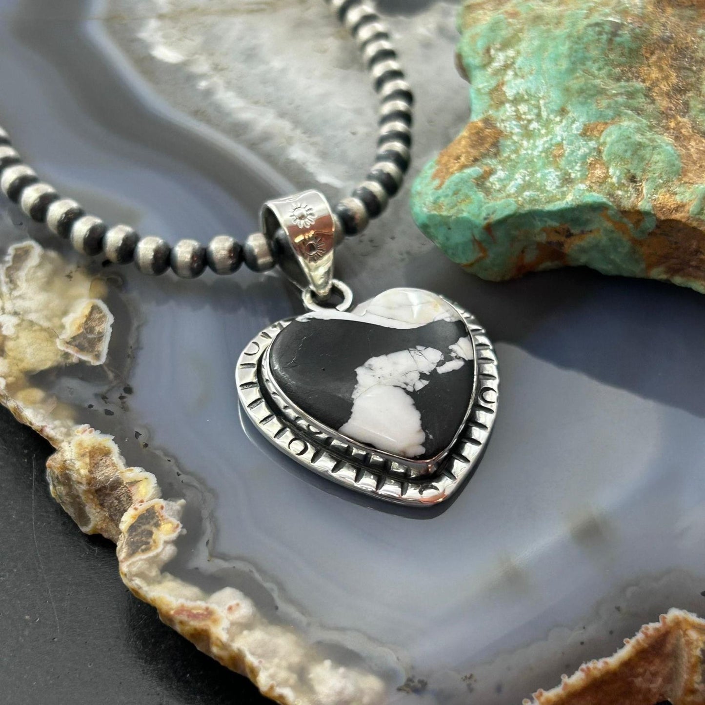 Sterling Silver Southwestern Style White Buffalo Decorated Heart Pendant For Women