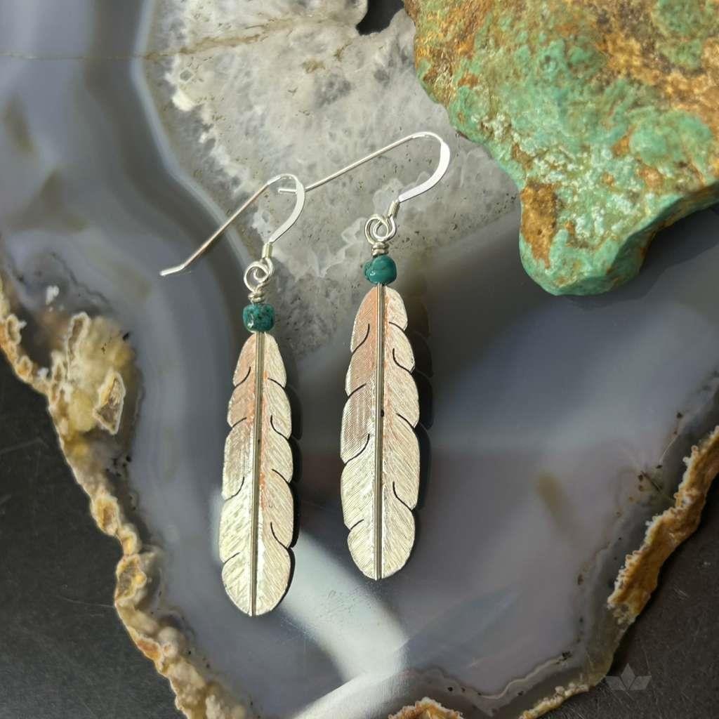 Anthony Gatewood Sterling Silver & Turquoise Bead Feather Dangle Earrings For Women