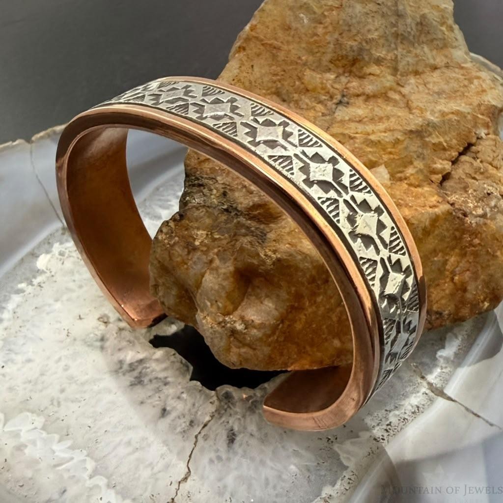 Wylie Secatero Navajo Sterling Silver & Copper Stamped Bracelet For Women #3
