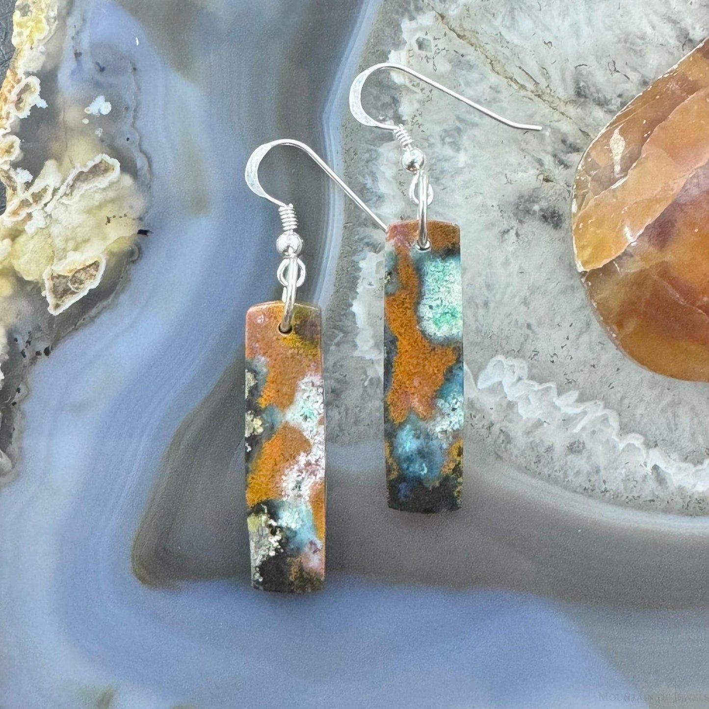 Sterling Silver Rectangle Chrysocolla Slab Dangle Earrings For Women #212