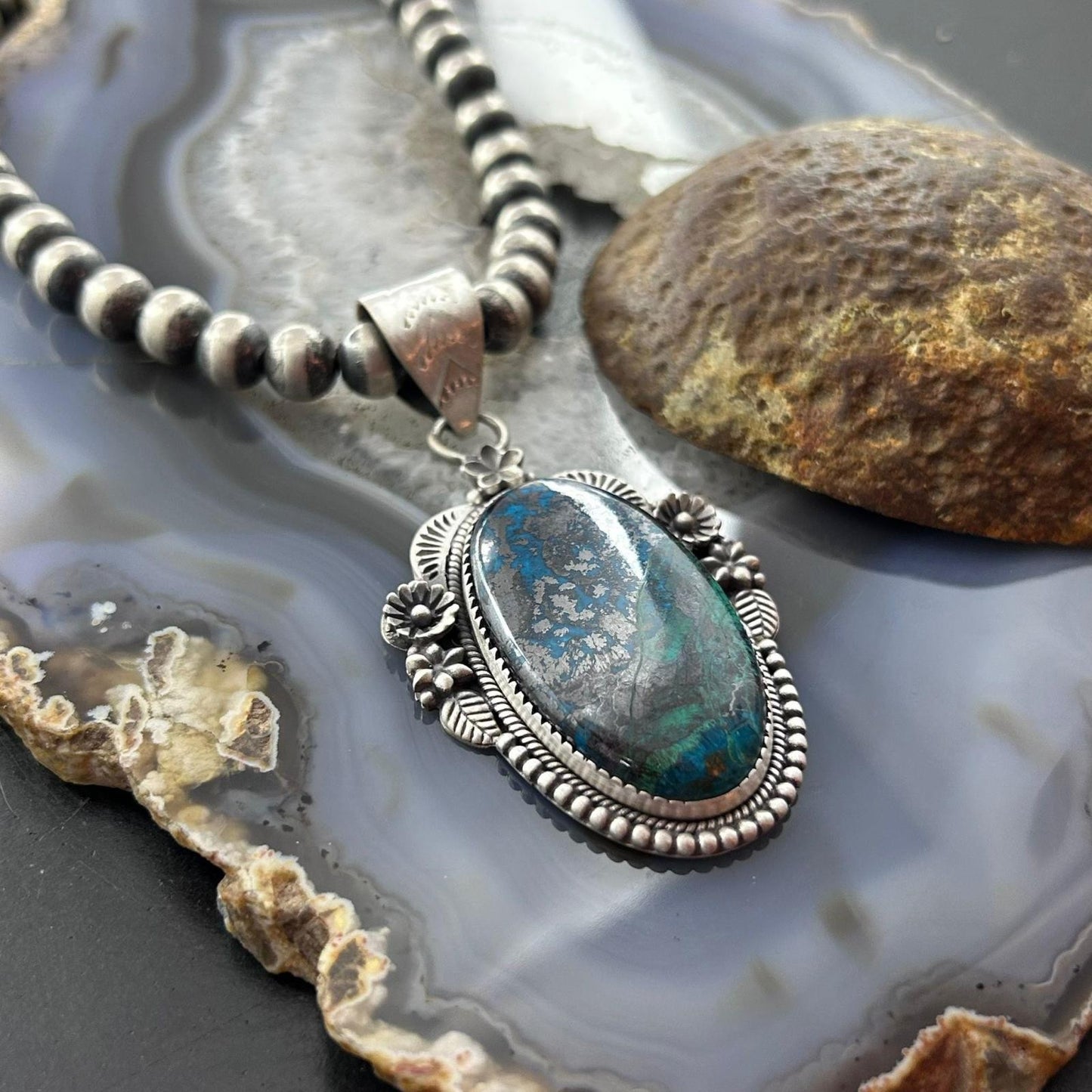 Sterling Silver Southwestern Style Oval Chrysocolla Decorated Pendant For Women