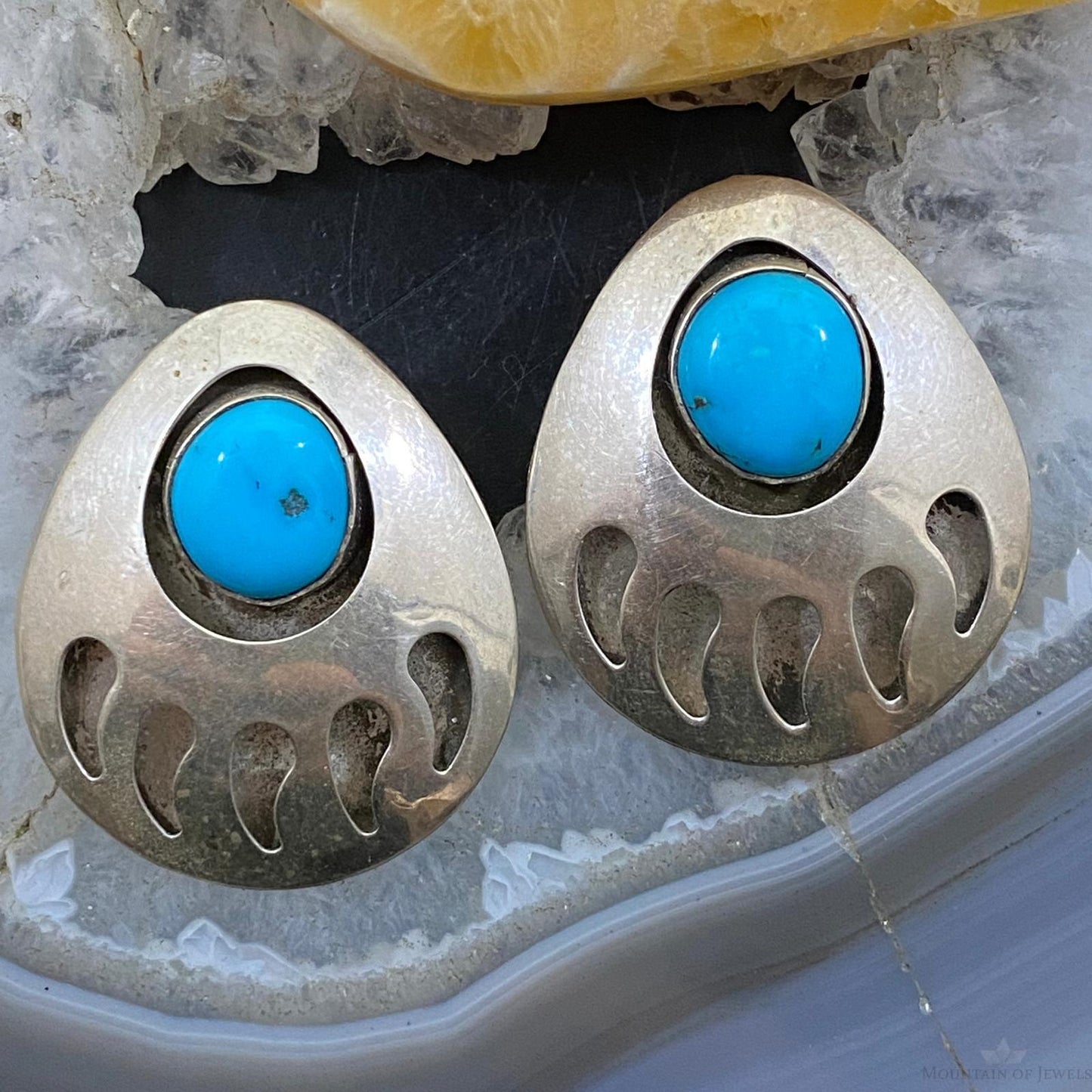 Vintage Native American Sterling Turquoise Shadow Box Bear Claw Stud Earrings