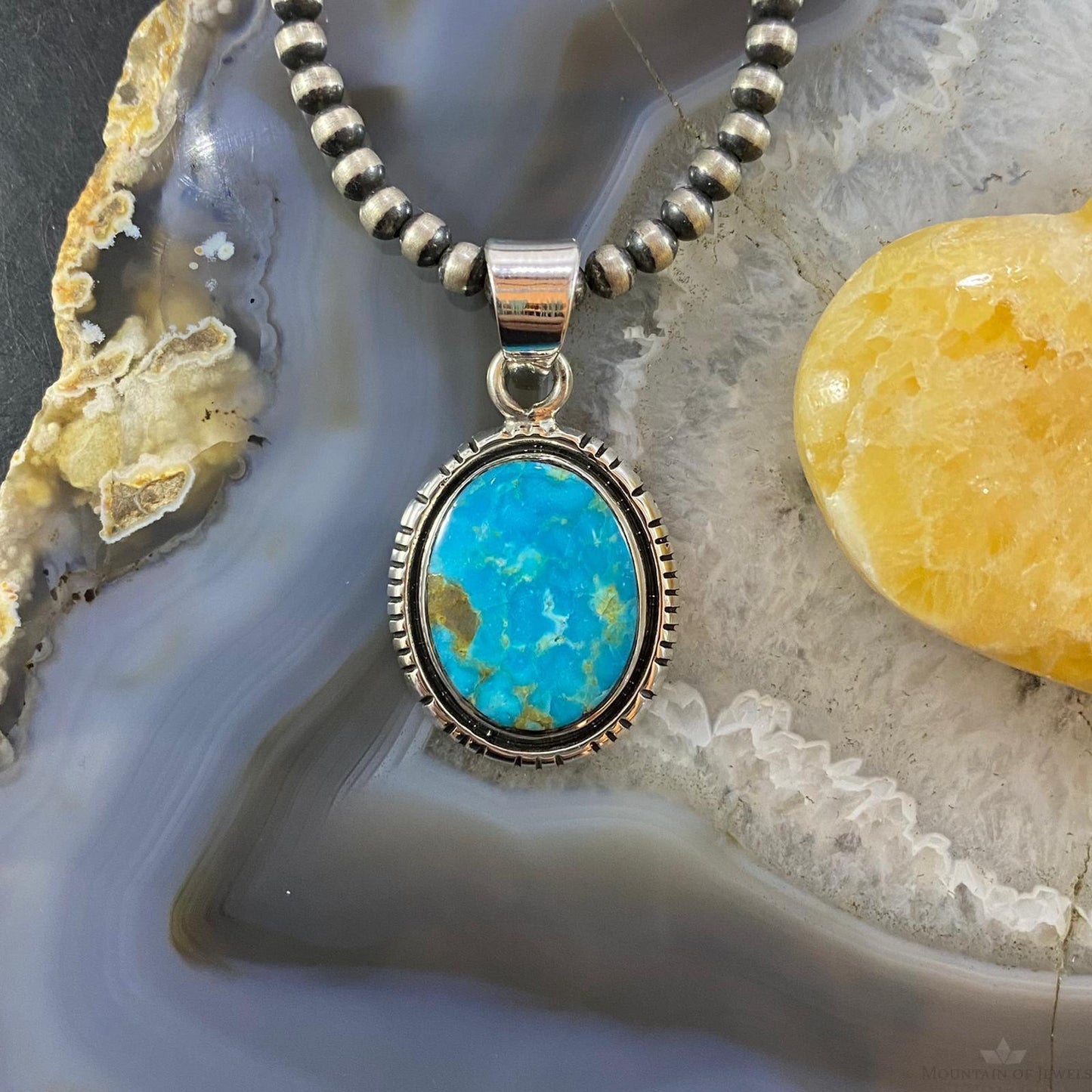 Native American Sterling Silver Blue Ridge Turquoise Oval Pendant For Women