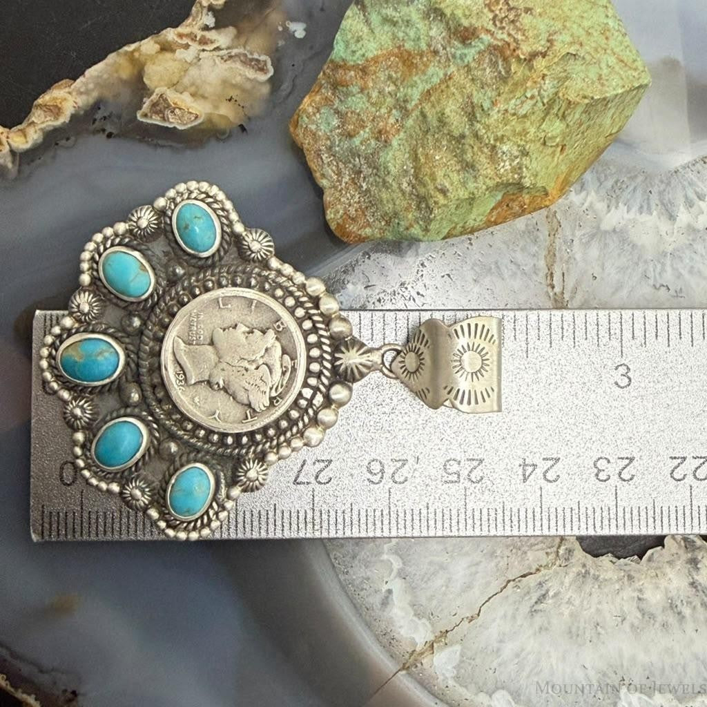 Sterling Silver Southwestern Style 1936 Mercury Dime & Kingman Turquoise Pendant