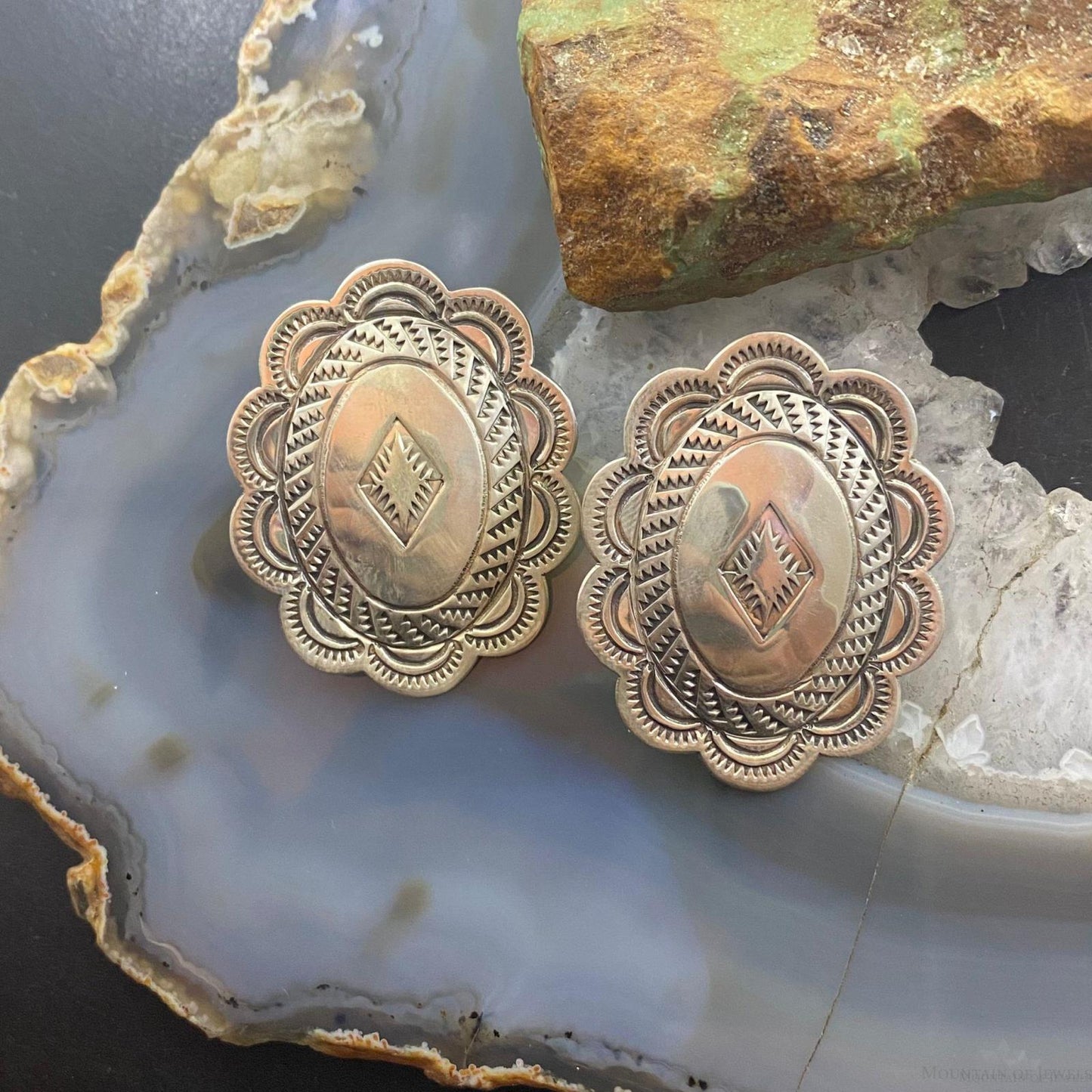 I. Kee Vintage Native American Sterling Silver Stamped Stud Earrings For Women